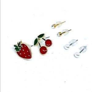 Fruit Strawberry Cherry Stud Pearl Earring Set